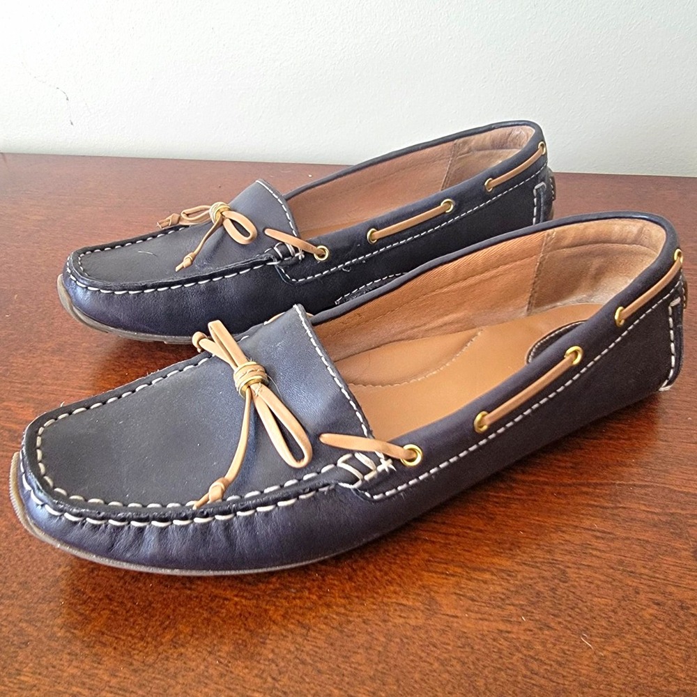 Clarks Women's Navy Leather Dunbar Racer Driving Moccasin Loafer Square Toe 8.5